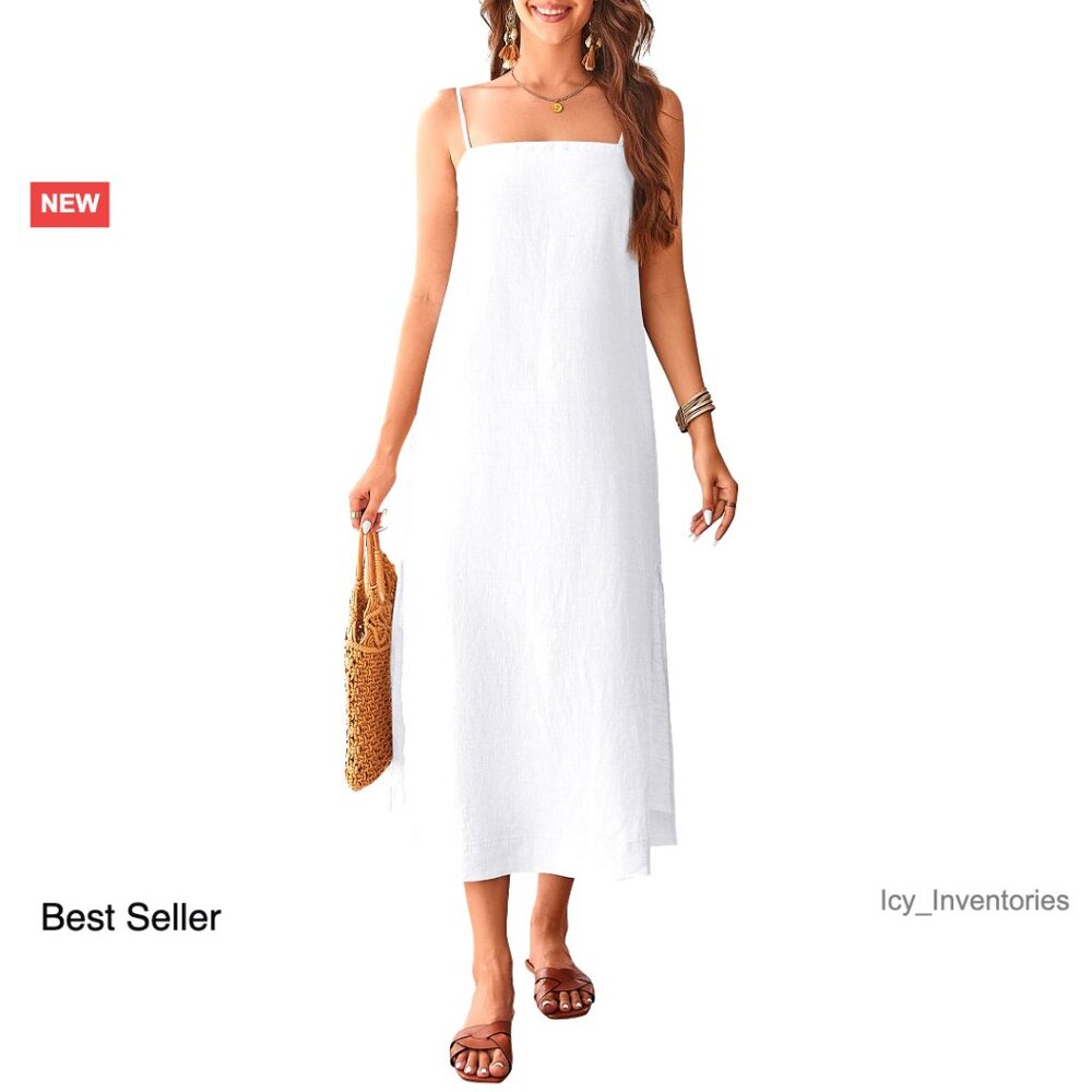Linen Midi Dress Square Neck Sleeveless Adjustable Straps Summer Casual Slit